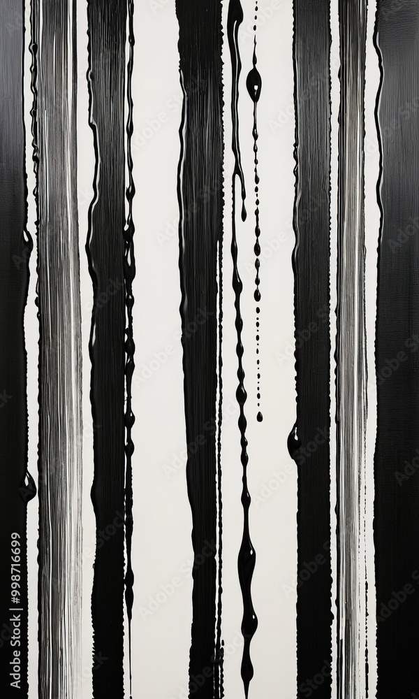 Poster an abstract painting featuring vertical lines in black and white, with some lines appearing to drip 