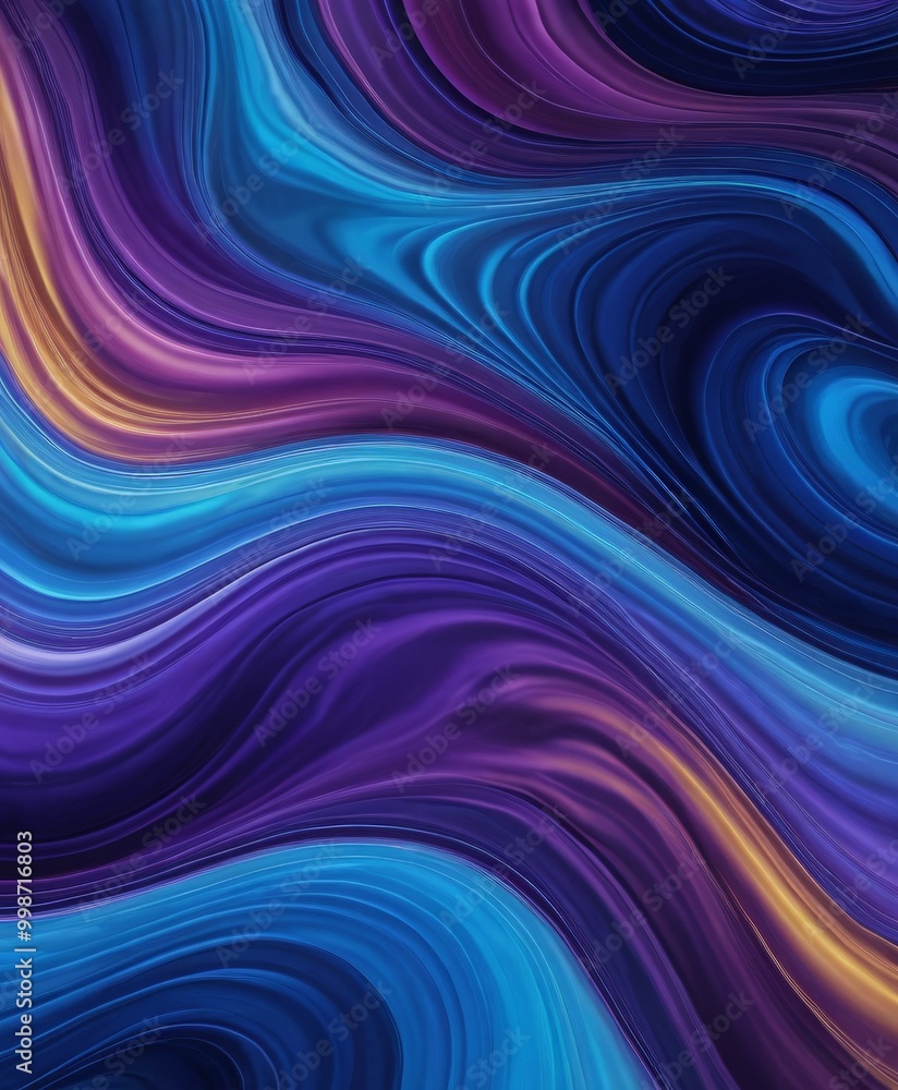 Poster a vibrant abstract pattern with swirling lines and curves in shades of blue, purple, and gold, creat