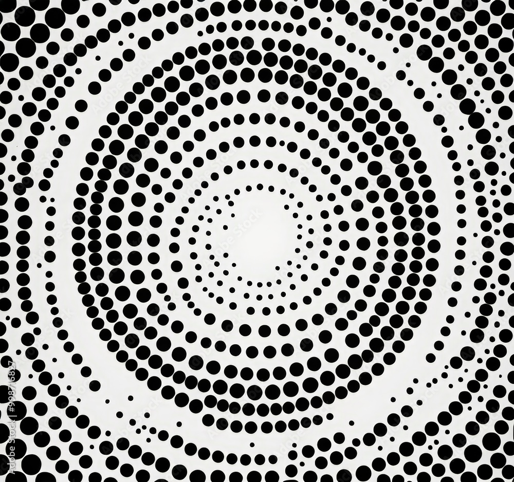 Poster a black and white abstract pattern composed of concentric circles and dots, creating a sense of depth and movement