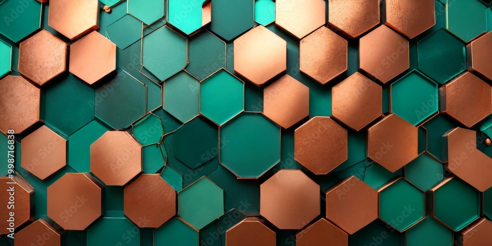 Poster a pattern of overlapping hexagonal tiles in shades of green and copper, creating a visually striking