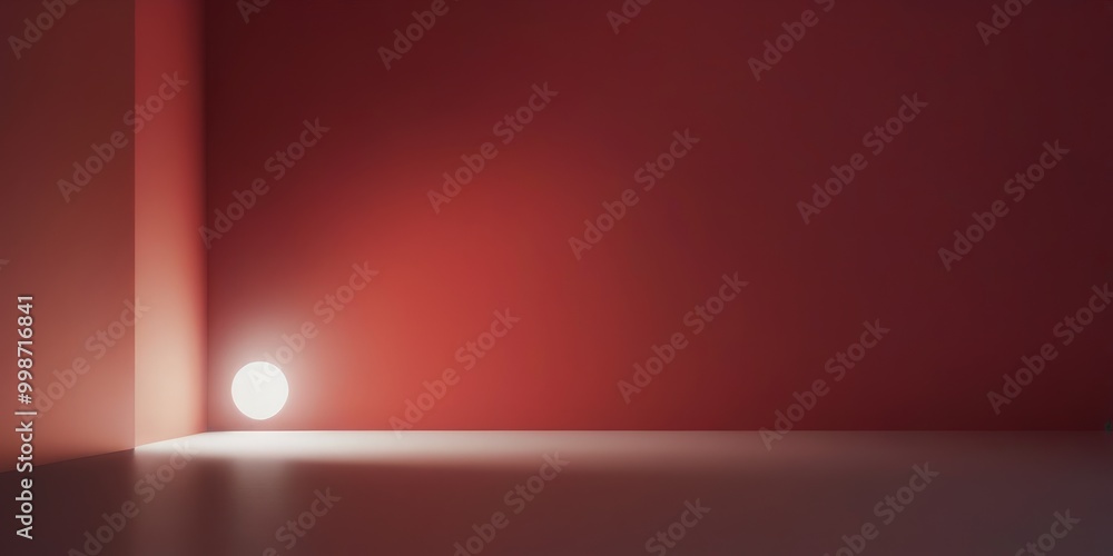 Poster A single white light shines in a corner, casting a shadow on a red wall, creating a dramatic and minimalist scene