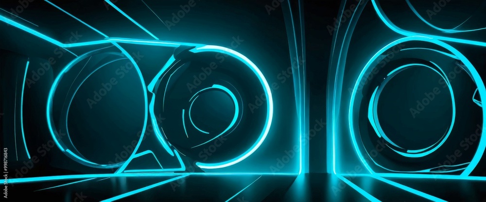 Aufkleber a futuristic interior space with a dark background and three circular structures, each adorned with 