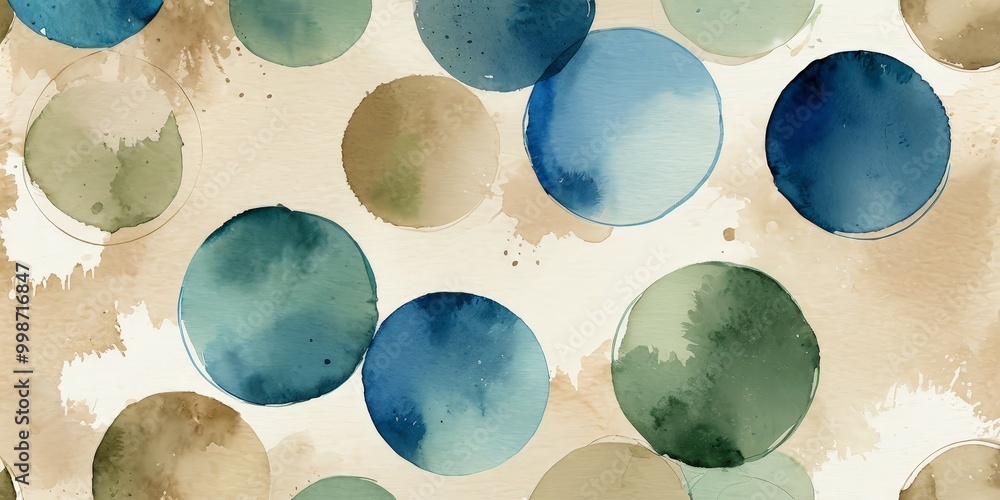 Aufkleber a repeating pattern of watercolor-style circles in various shades of blue, green, and brown, creatin