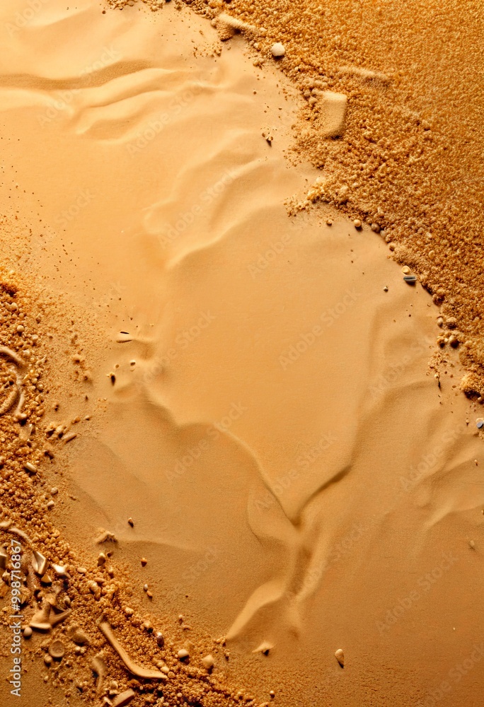 Poster a close-up view sandy surface, with a light brown color and visible grains and small rocks scattered