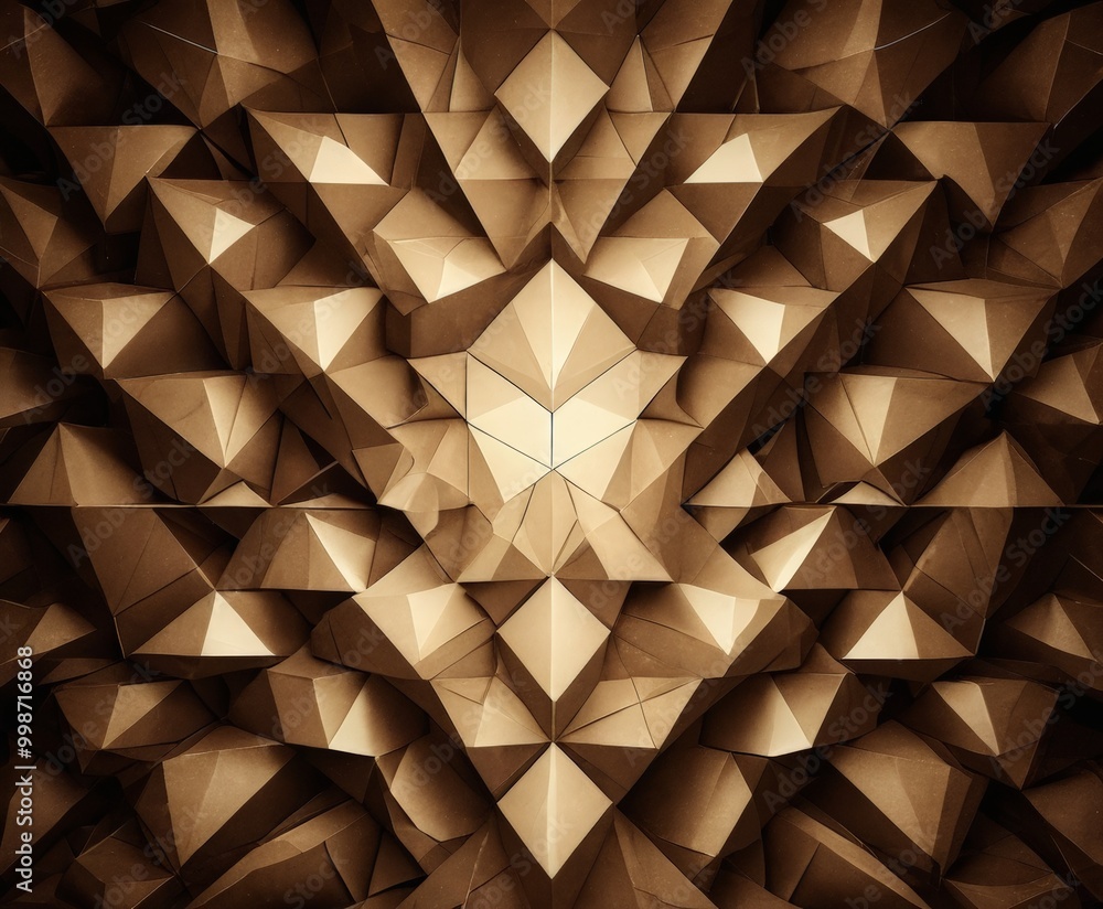 Poster a complex arrangement of overlapping triangular shapes in varying shades of brown, creating a visual