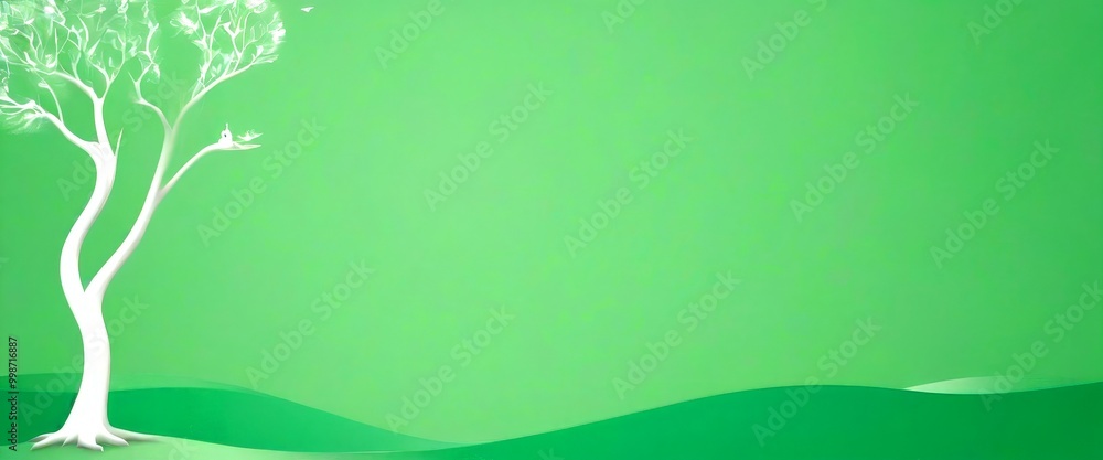 Poster A white tree with a bird perched on one of its branches stands against a green background with a wavy pattern