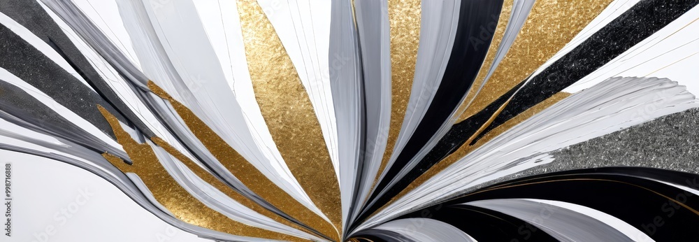 Poster a striking abstract composition of overlapping lines and shapes in black, white, and gold, creating 