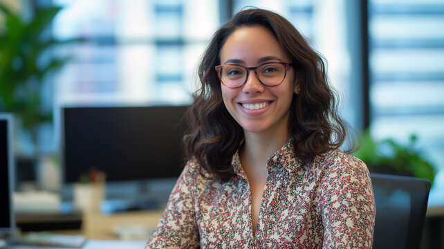 Smiling Corporate Worker in Office, A corporate worker smiling a positive and welcoming work environment