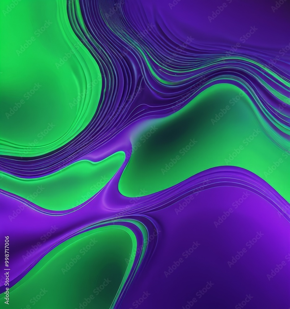 Poster a vibrant abstract composition of overlapping curved lines in shades of green and purple, creating a