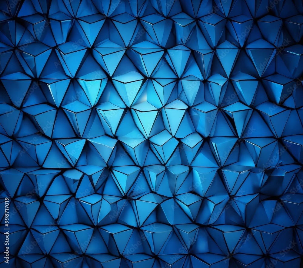 Poster a blue geometric pattern composed of numerous triangular shapes, creating a visually striking and abstract design