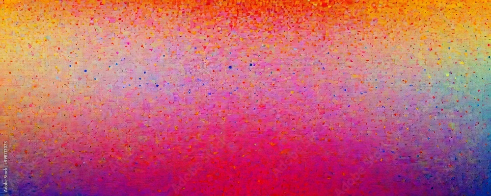 Poster an abstract painting featuring a gradient of colors, with a predominantly pink and orange hue The background is filled with small, randomly placed dots, creating