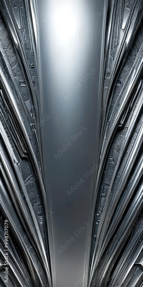 Aufkleber a metallic, abstract design with a central vertical line and radiating lines on either side, creating a sense of depth and movement