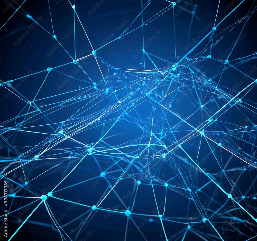 Poster a complex network of interconnected lines and dots, creating a visually striking abstract pattern against a dark blue background.