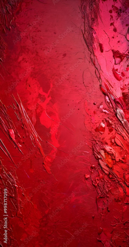 Poster a close-up view textured, abstract red surface with splashes of color and a sense of movement