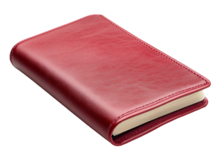 a red leather notebook with a white page
