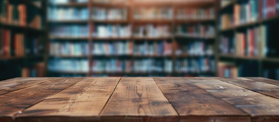 Empty Wood Table Top On Blurred Libraly Background