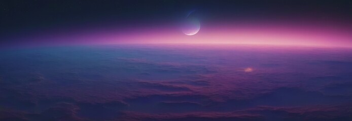 Fototapeta premium a serene night sky with a crescent moon and a glowing horizon, set against a backdrop of a vast expanse of clouds and a faint orange glow.