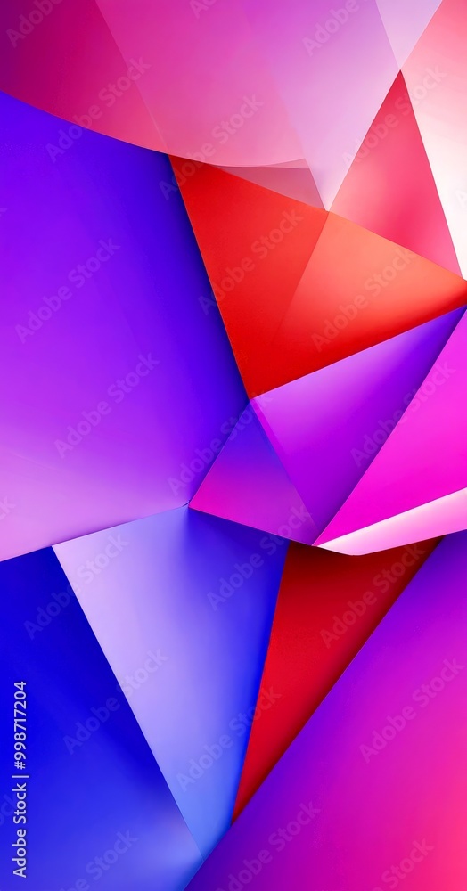 Poster a vibrant abstract composition of overlapping triangular shapes in various shades of pink, purple, and blue, creating a dynamic and visually striking pattern