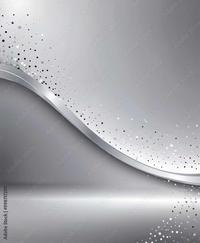 Poster a minimalist gray background with a curved metallic line and scattered black dots, creating a sense 
