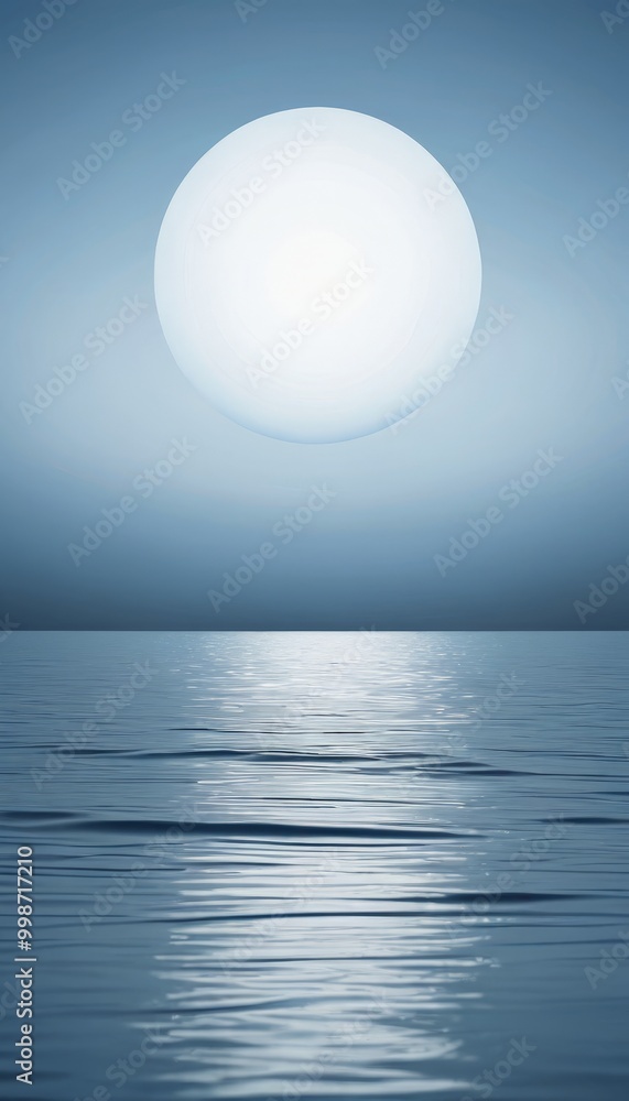 Poster a large, bright white moon shines brightly over a calm, rippling ocean, creating a serene and tranqu