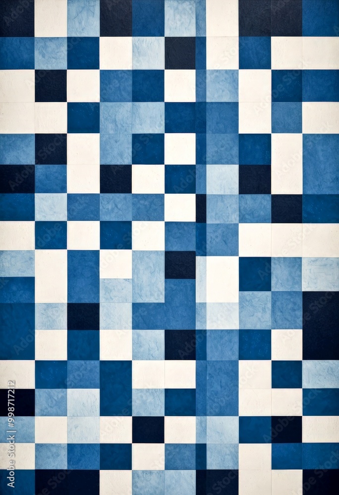 Poster a grid of square tiles in various shades of blue and white, arranged in a pattern that creates a vis