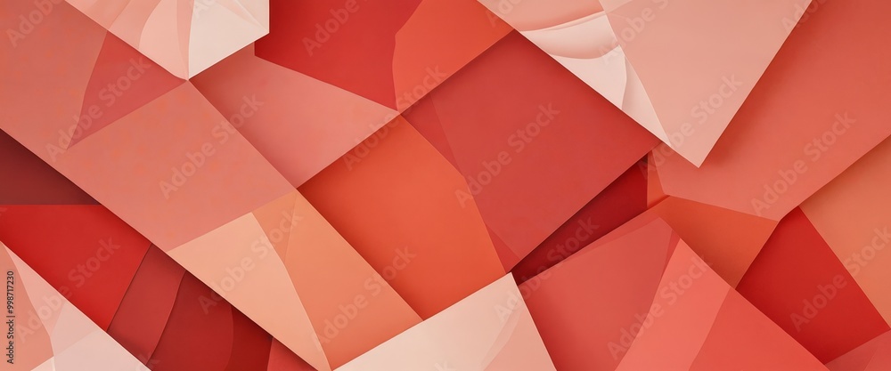 Poster a vibrant abstract composition of overlapping geometric shapes in shades of red and pink, creating a