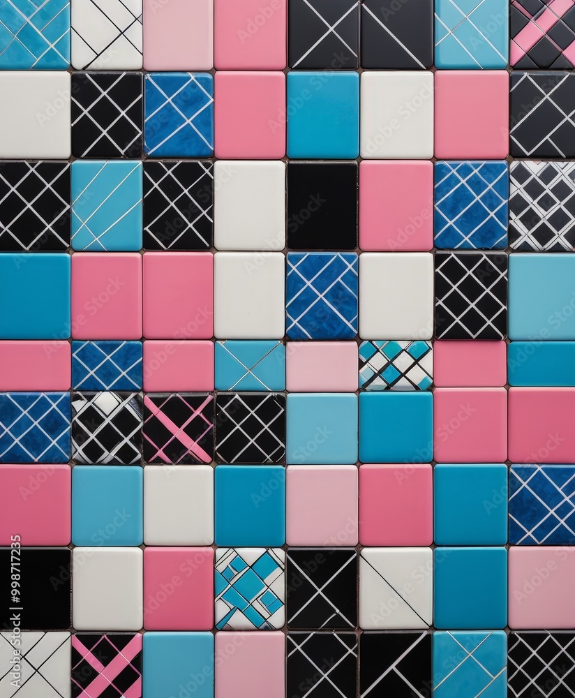 Poster a grid of square tiles in various shades of pink, blue, and black, arranged in a visually appealing 