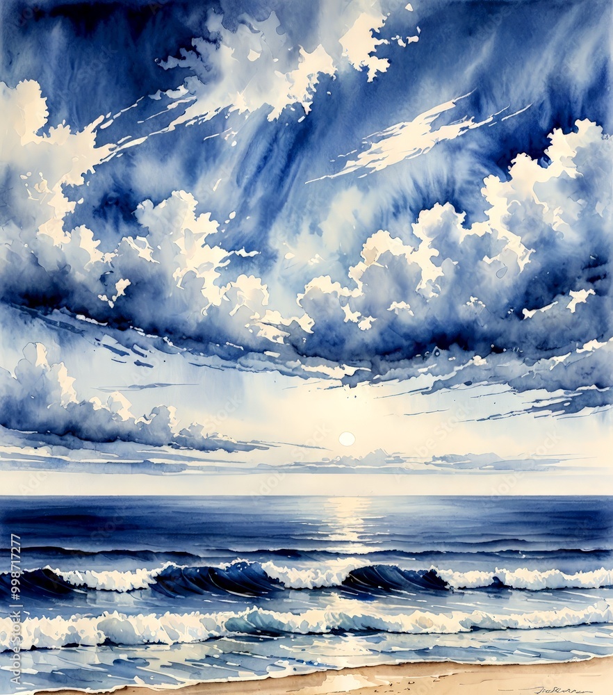 Poster a serene ocean scene with a large, bright sun peeking through the clouds, casting a warm glow over t