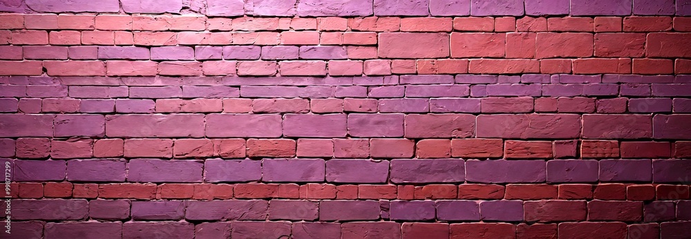 Poster a close-up view brick wall, with the bricks in shades of red and purple arranged in a pattern