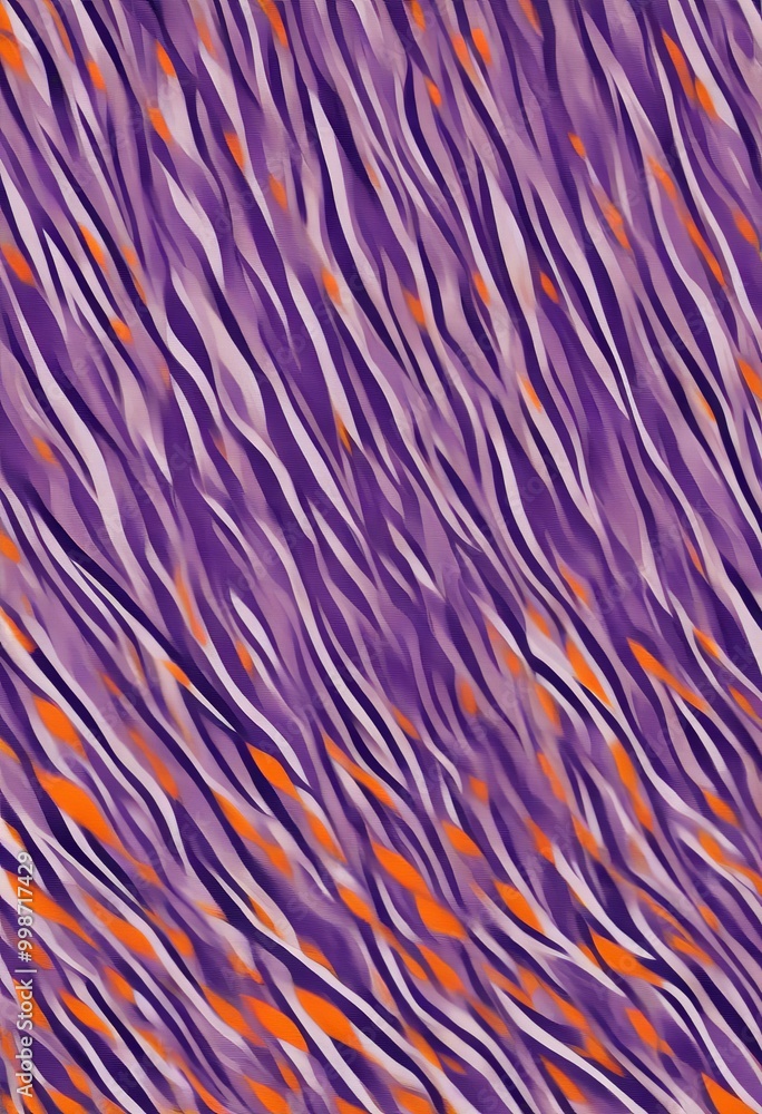 Poster a vibrant abstract pattern composed of diagonal lines in shades of purple and orange, creating a dyn