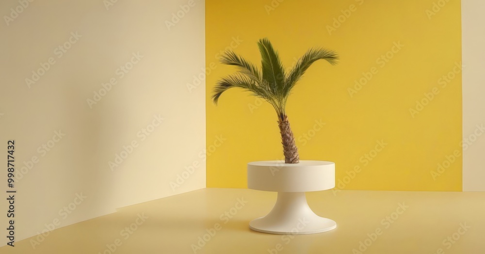 Poster a small palm tree in a white pedestal vase stands against a yellow wall, creating a minimalist and s