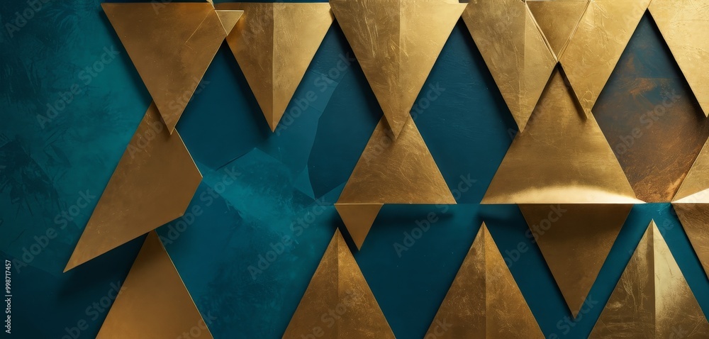 Aufkleber a geometric pattern composed of overlapping triangular shapes in varying shades of gold and blue, cr