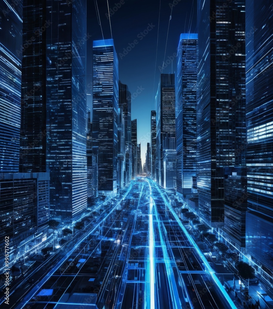 Poster A futuristic cityscape with towering skyscrapers and a network of glowing blue lines, creating a sense of depth and perspective