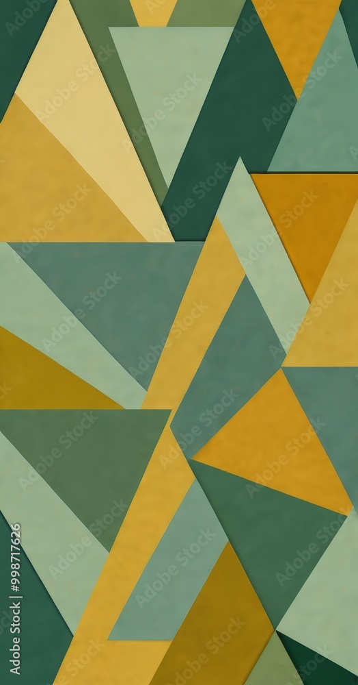 Aufkleber a geometric pattern composed of overlapping triangles in various shades of green, yellow, and gray, 