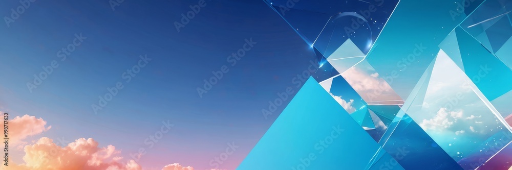 Fototapete a vibrant abstract composition with a blue sky and orange clouds, interspersed with geometric shapes in shades of blue and white, creating a visually striking and dynamic scene