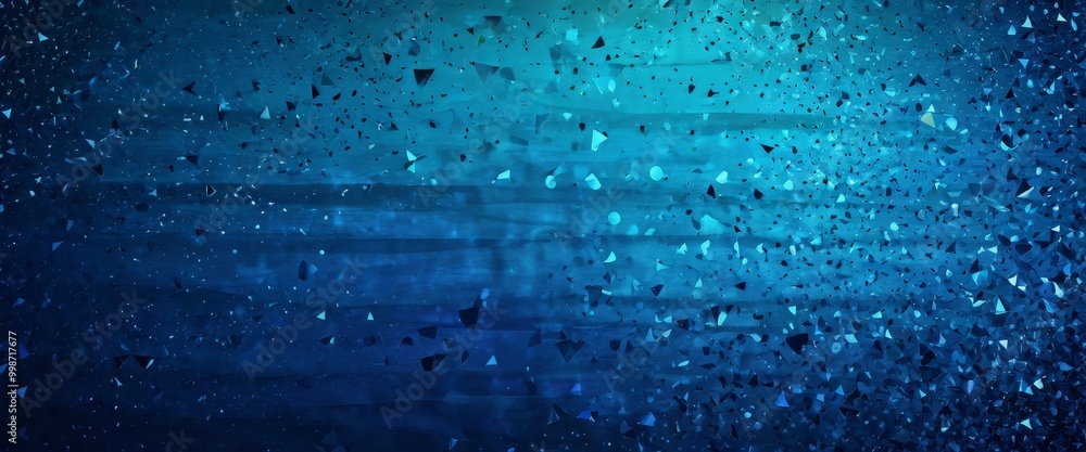 Poster a blue-green gradient background with scattered black and white triangular shapes, creating a dynamic and abstract visual effect.