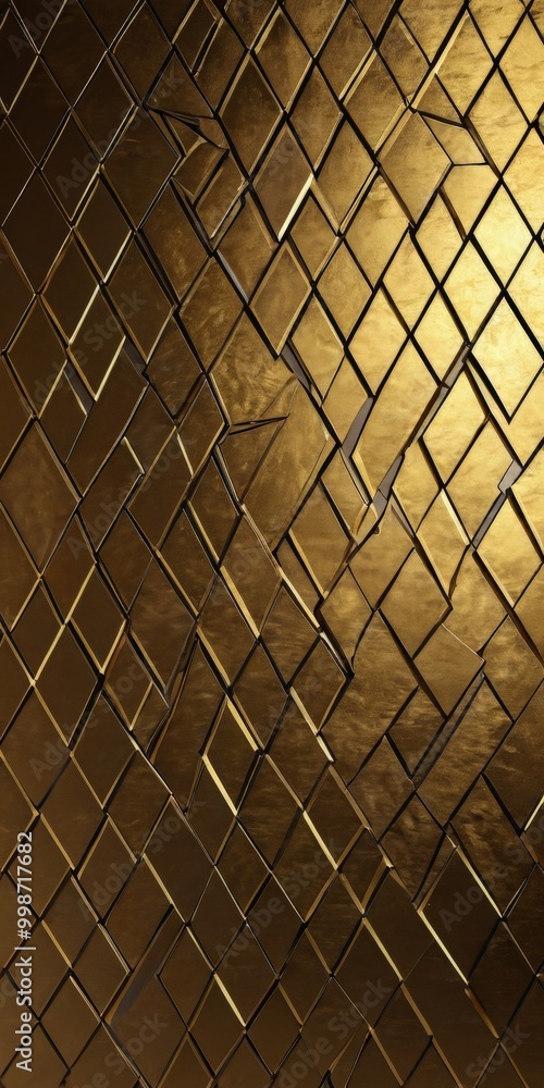 Poster a close-up view textured surface composed of numerous small, square-shaped tiles arranged in a diagonal pattern The tiles have a golden hue, giving the impression of