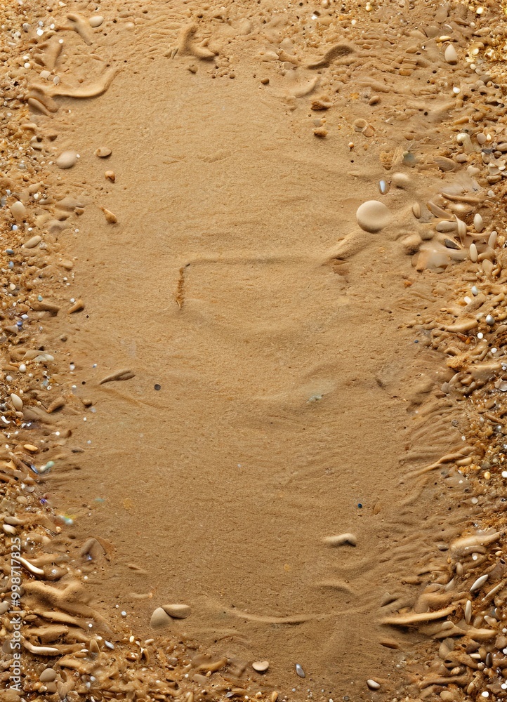 Poster a close-up view sandy beach, with a variety of small rocks and shells scattered across the surface