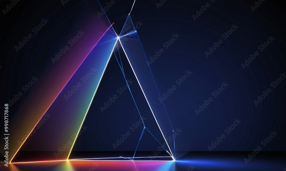 Aufkleber a geometric design with intersecting lines and a triangular shape, illuminated by a vibrant array of colors against a dark background