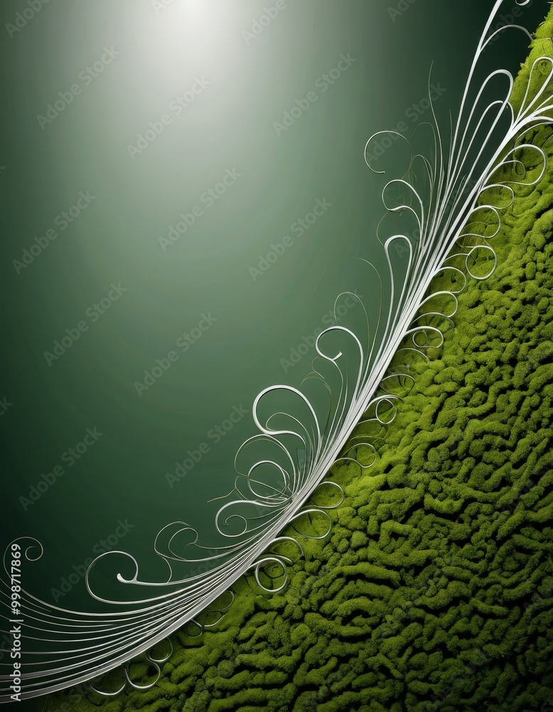 Poster a close-up view green moss-covered surface with a white, curving pattern that resembles a feather or