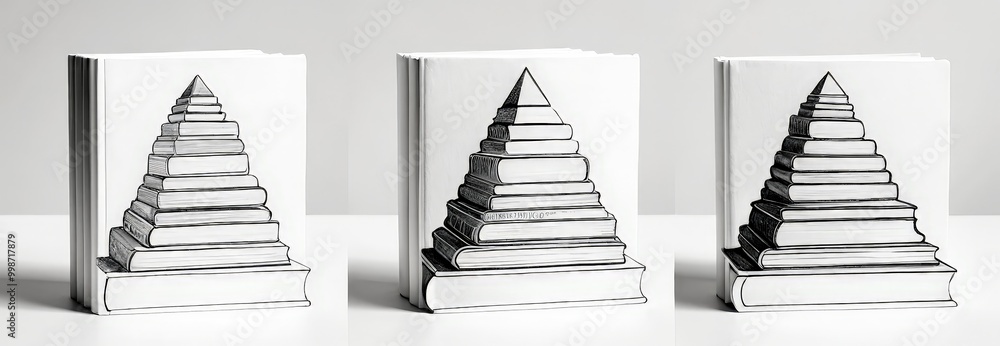Poster three books with stacked pages forming a pyramid-like structure, each book has a unique design on th