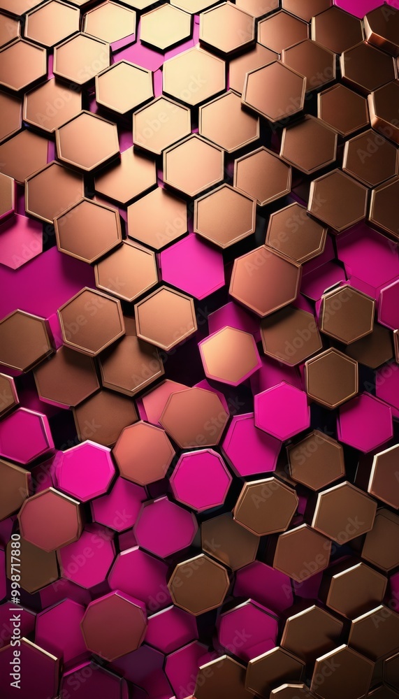 Poster a repeating pattern of hexagonal shapes in various shades of brown and pink, creating a visually striking and abstract design.