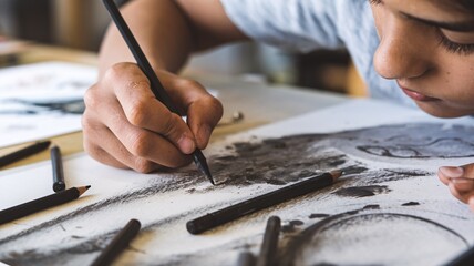 Close-up of a young artist's hand skillfully sketching with charcoal on paper. The focus is on the hand and the developing artwork, showcasing the creative process in action.