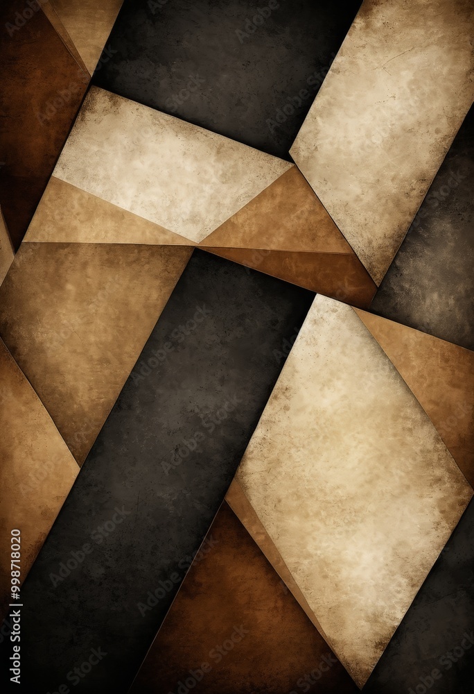 Poster a geometric pattern composed of intersecting lines and shapes in various shades of brown, black, and