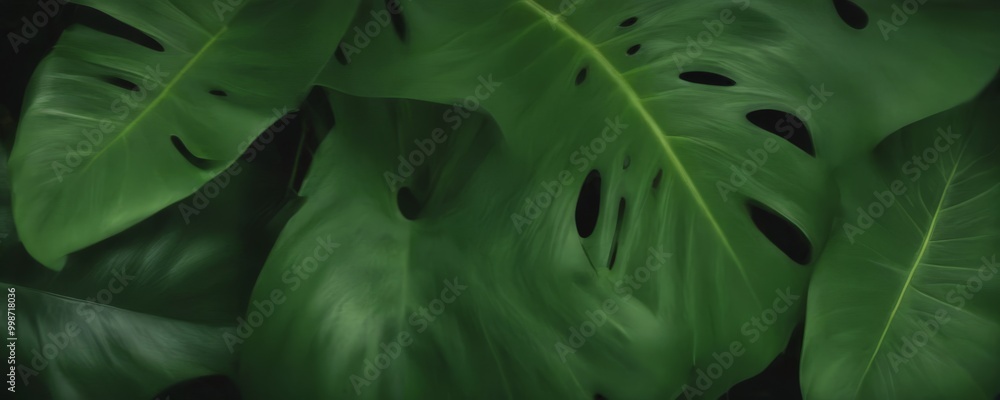 Poster a close-up view large, green leaf with a distinctive serrated edge, surrounded by other similar leav
