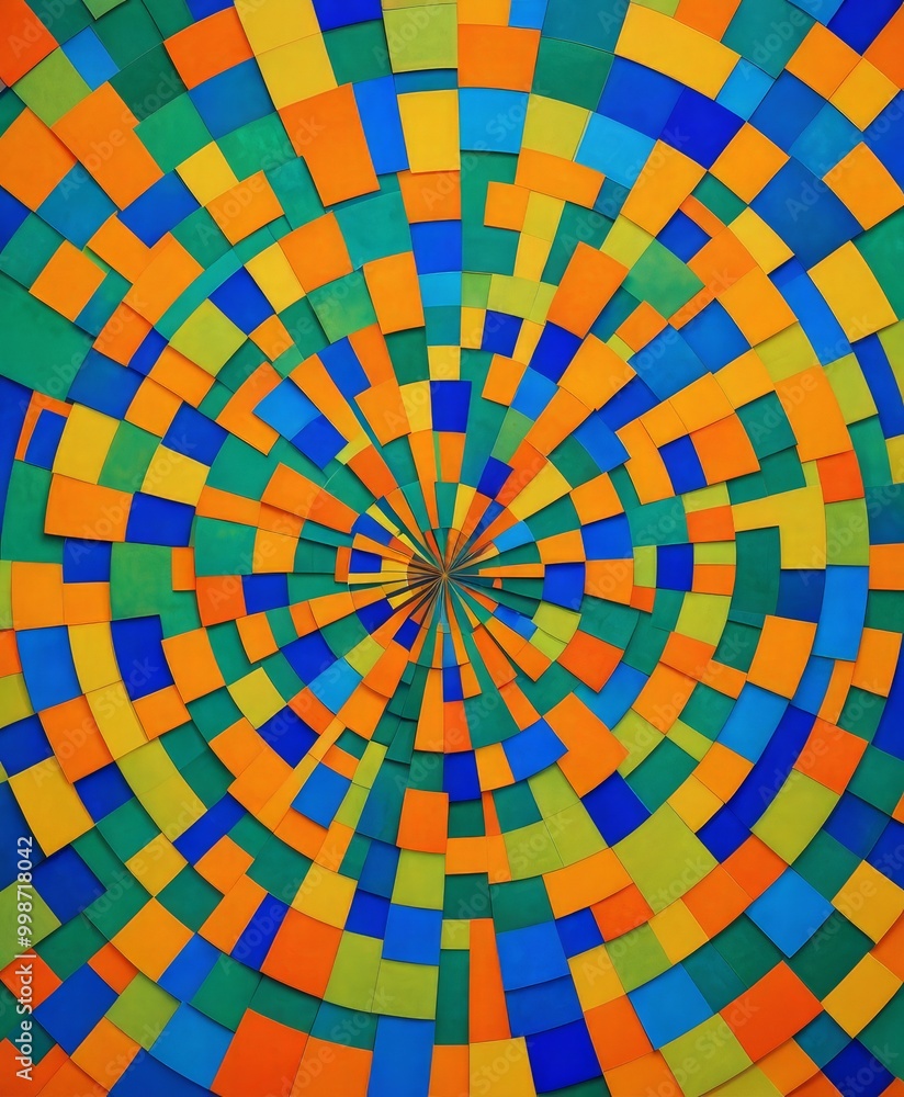 Leinwandbilder an abstract composition featuring a radial pattern of overlapping squares in various colors, including blue, green, orange, and yellow, creating a vibrant and