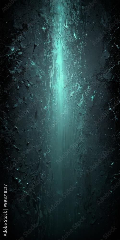 Poster a dark, mysterious underwater scene with a glowing, ethereal light source at the center, creating an
