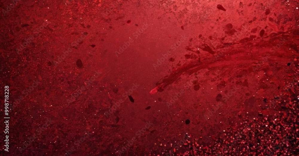Poster a red abstract background with a dark red splatter and scattered red particles, creating a dynamic and textured visual effect