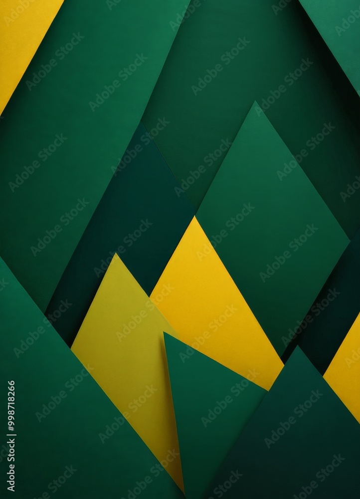 Poster a geometric pattern composed of overlapping green and yellow triangles, creating a visually striking