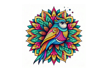 Colorful humming bird mandala design, white background